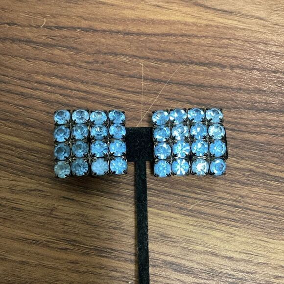 Vintage Signed Clip On Earrings with Square Prong Set Blue Crystals. - Picture 1 of 5